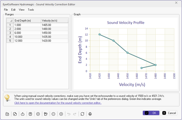 Use the built-in sound velocity editor to generate or import a SVP profile