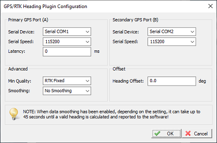 the GPS heading plugin configuration dialog
