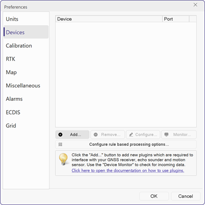 the devices tab in the preferences dialog