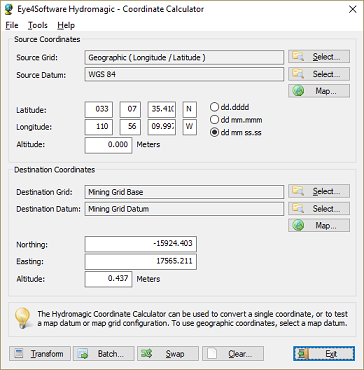 Calculating the projected coordinates with the Coordinate Calculator