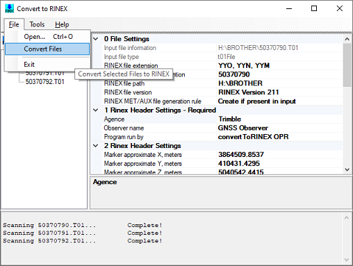 Select the Convert Files option from the File menu to create the RINEX files