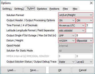 The output settings tab of RTKLib's RTKPOST application