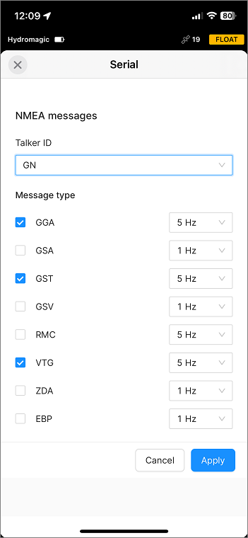 Select the correct NMEA0183 settings for Hydromagic.