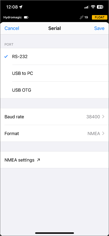 Select the correct baudrate and protocol in the serial settings page