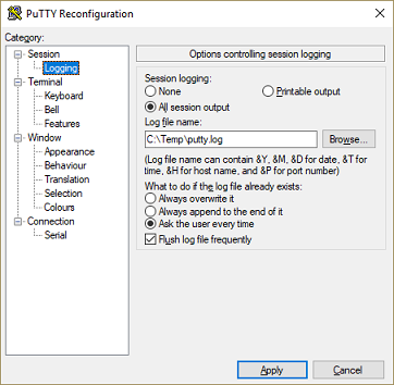 PuTTY configure logging options