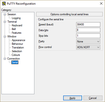 PuTTY reconfigure serial port settings