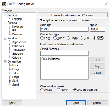 PuTTY open serial port