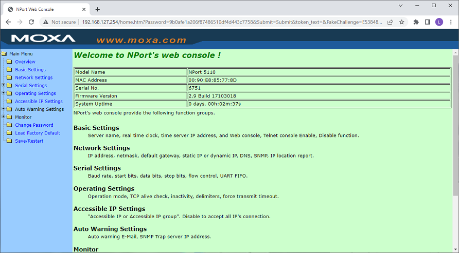 Home page of the Moxa's internal webserver