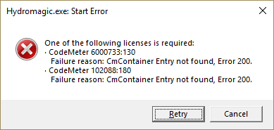 An error appears when no license has been installed or an USB dongle is absent