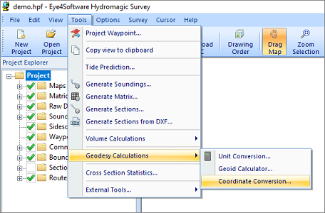 The Coordinate Calculator tool can be started from the Tools menu.