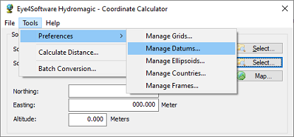 The Datums dialog can be opened from the Tools menu.