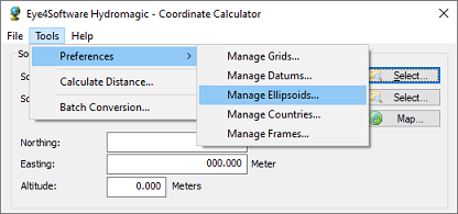 The manage ellipsoids dialog can be opened from the tools menu