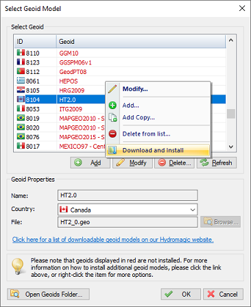 Select the Download and Install option to install a geoid from the web automatically