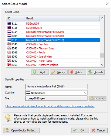 Select a geoid model to show or alter its properties