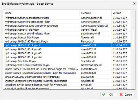 Select one of the Hydromagic NMEA0183 plugins from the list and click OK