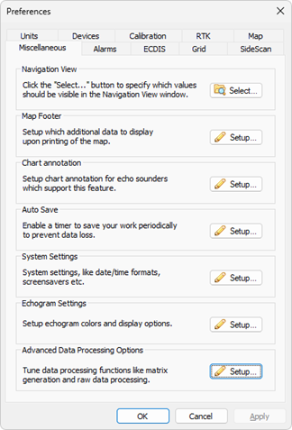 Click the Setup button in the Advanced Data Processing Options section of the Miscellaneous tab