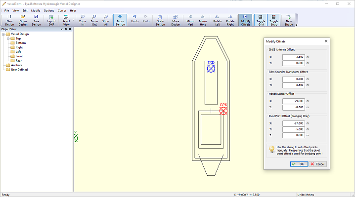 The position relative to the GNSS antenna can be set in the Vessel Designer