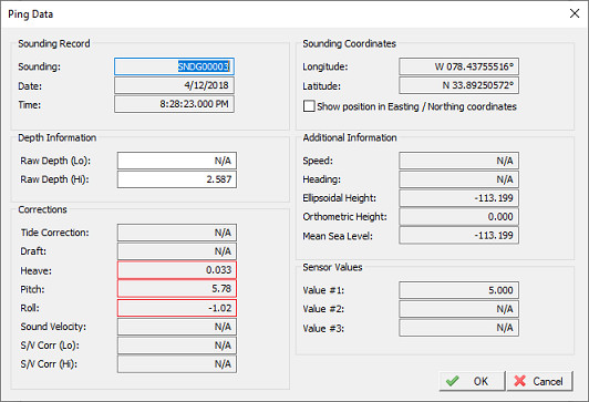 The heave, pitch and roll values applied to a single ping can be viewed.