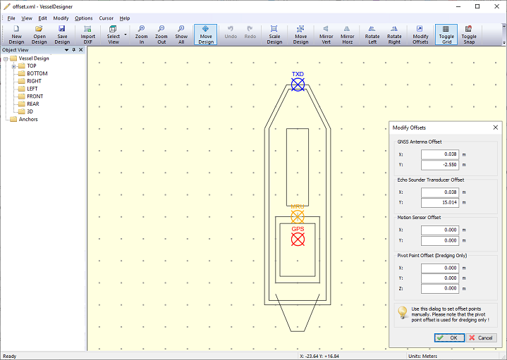 Make sure the locations of the devices or sensors are set using the Vessel Designer