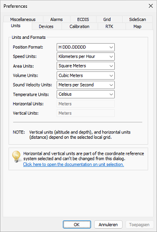 Click the units tab in the preferences dialog