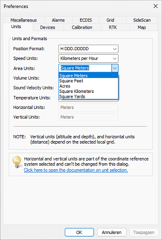 Setting the unit for areas