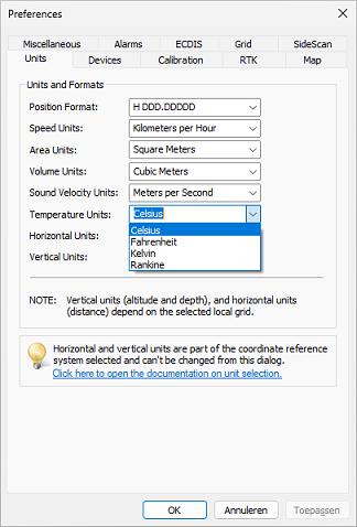 Setting the unit for temperature measurements