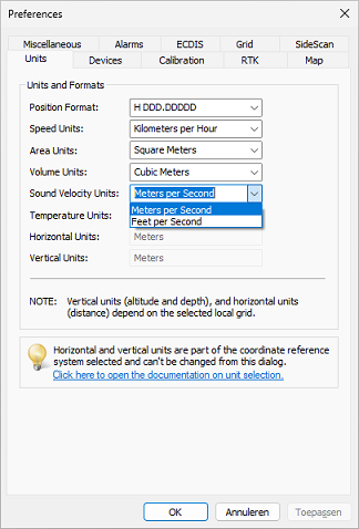 Setting the unit for sound velocity