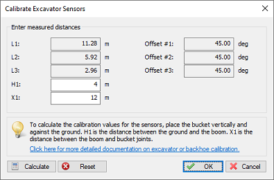 Enter the 'X1' and 'D1' measurements and click 'Calibrate' to calibrate the angle sensors