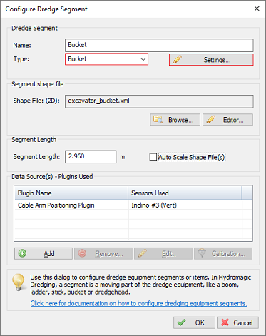 The bucket settings can be found in the dredger segment configuration dialog