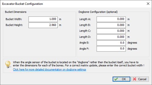 Enter the dog bone lengths and angles in the Excavator Bucket Configuration dialog.