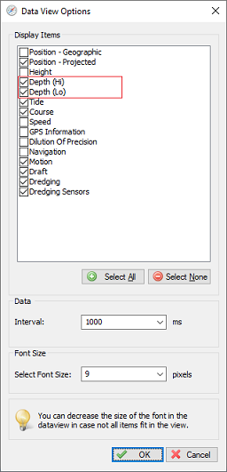 Check the Depth options to show echo sounder depth readings.