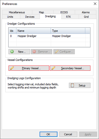 Configure the vessel's from the Dredging tab