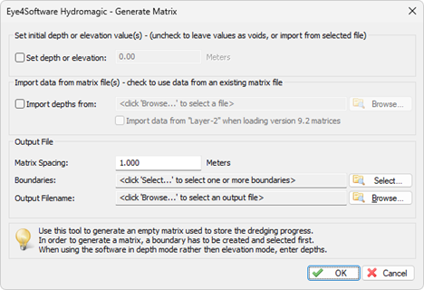 Generate an empty or pre-filled matrix file which can be used to record dredging depths or elevations