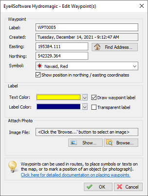 Use the dialog which appears to customize the waypoint presentation