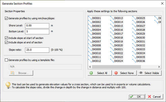 Using the Generate Section Profiles dialog, you can generate a profile for one or more sections