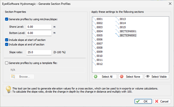 Using the Generate Section Profiles dialog, you can generate a profile for one or more sections