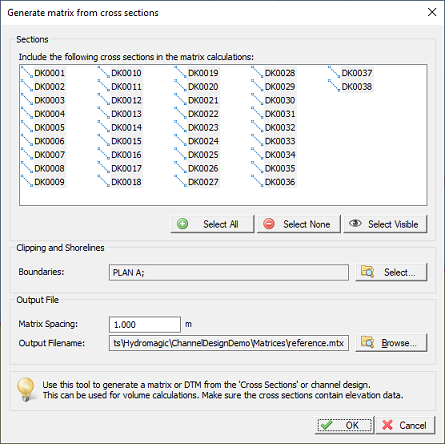 Right click the Generate Matrix... option to build a matrix from cross section profiles.