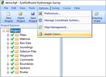 Select the Depth Colors... option from the Options menu to start defining color sets