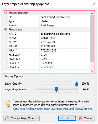 The layer properties window shows map information and meta-data.