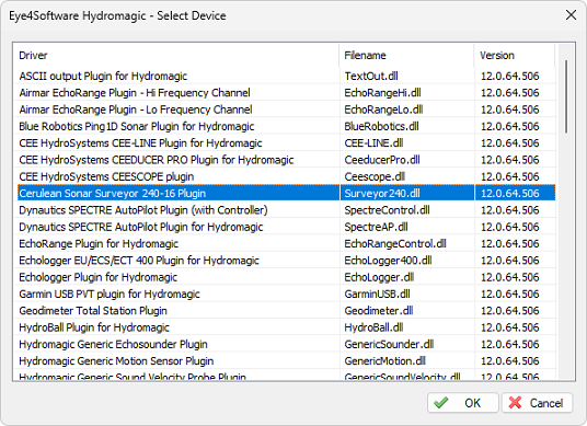 select the Cerulean Sonar Surveyor 240-16 plugin