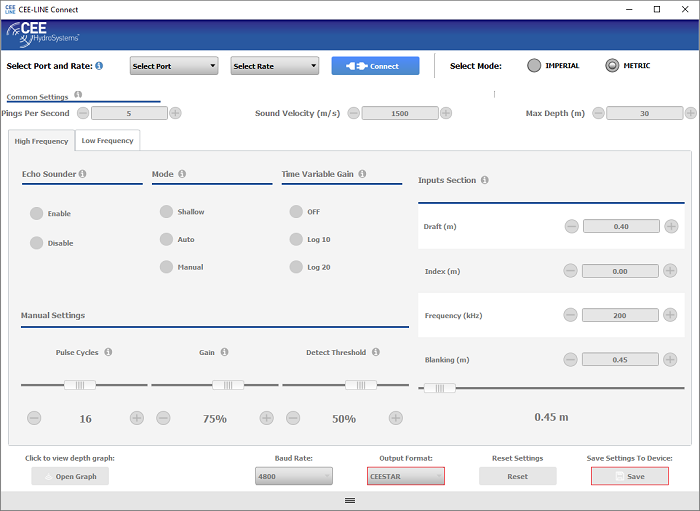 You can change the output format used by the CEE-LINE sounder from the CEE-LINE Connect application