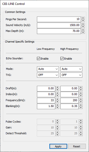 The control window allows you to change echo sounder settings