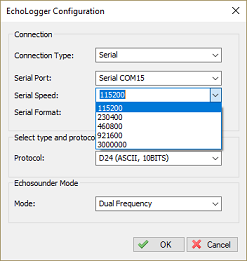 configure the serial speed for the echologger