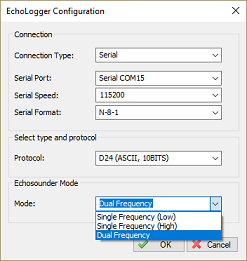 select EchoLogger mode (single or dual frequency)