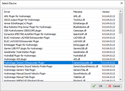 select the Hydromagic Generic Echosounder plugin