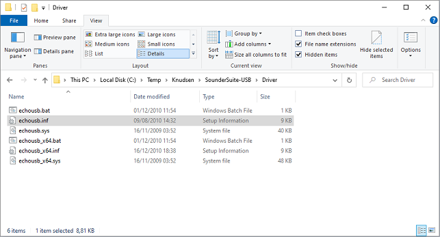 The folder containing the USB device drivers on the Knudsen CD-ROM