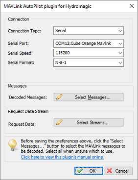 Configure communication settings for the MAVLink connection in the plugin window.