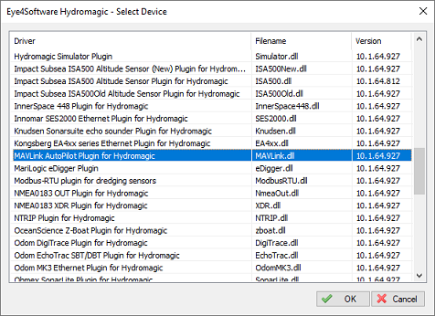 Select the MAVLink AutoPilot for Hydromagic plugin from the list of available plugins