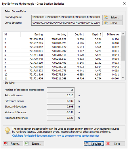 After selecting the soundings and planned lines, click Calculate to calculate the errors