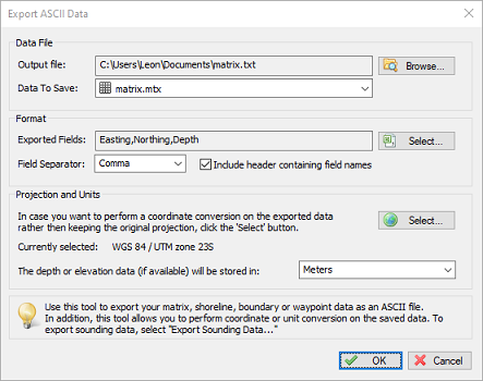 Export matrix data as ASCII using the export ASCII tool